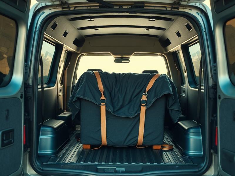 Blanket-wrapped furniture strapped securely inside a van