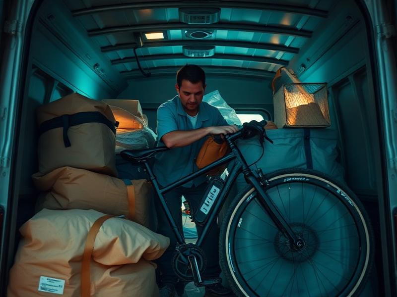 Mixed household items and a bicycle secured inside the van